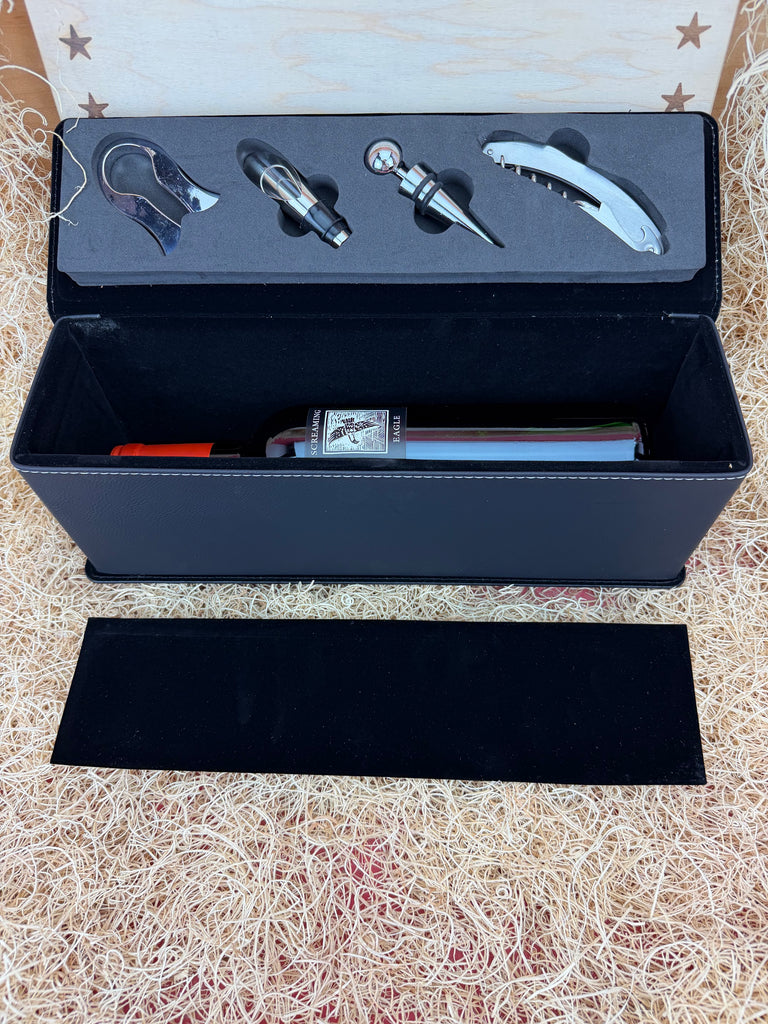 Black Leather Luxury Wine Box Satin Lined with Wine Accessories