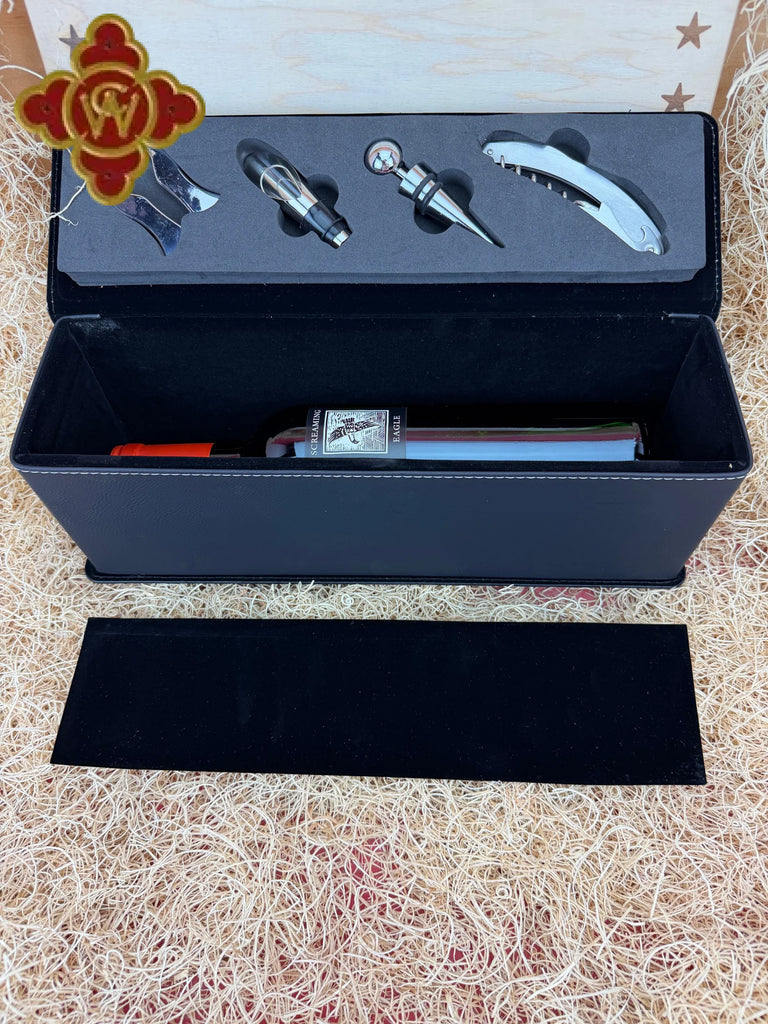 Black Leather Luxury Wine Box Satin Lined with Wine Accessories - wine