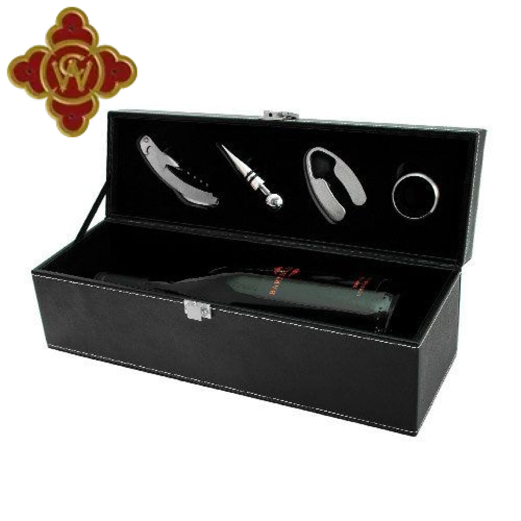 Faux Black Leather Wine Box with Accessories wine