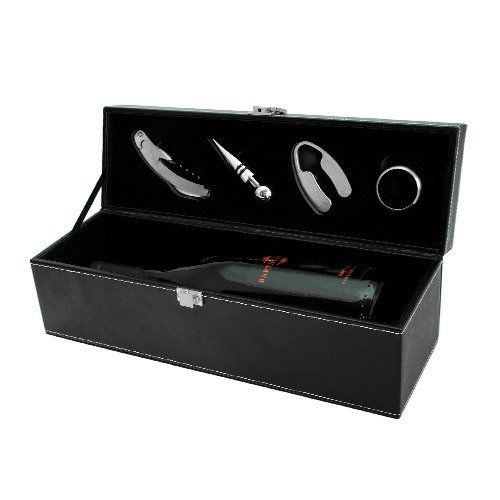 Faux Black Leather Wine Box with Accessories